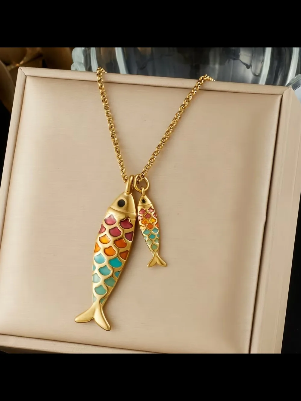 Gold-Tone Multicolor Double Fish Pendant Necklace 16